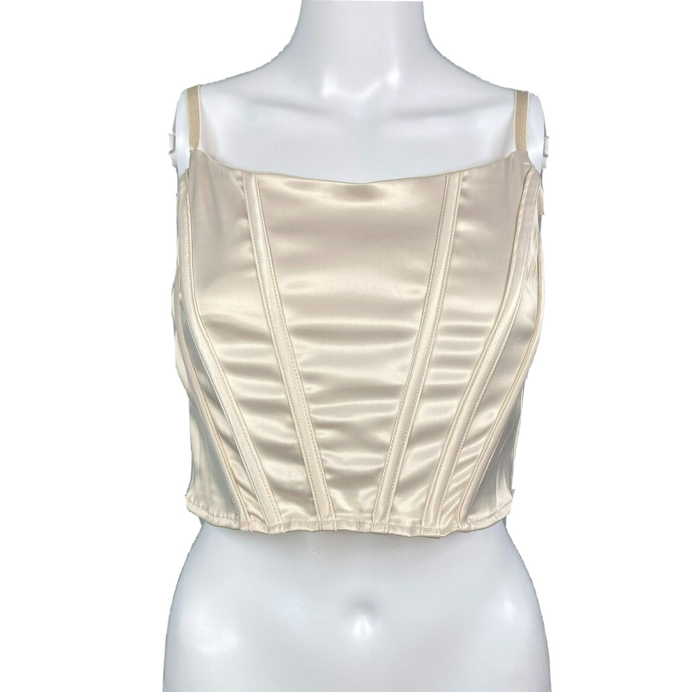 Windsor Corset Womens‎ Sz M Ivory Satin Adjustable Strap Boned Crop Top Back Zip